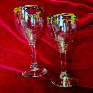 1 Pair of Colorful Handcrafted Blown Glass Wine Glasses by Novica